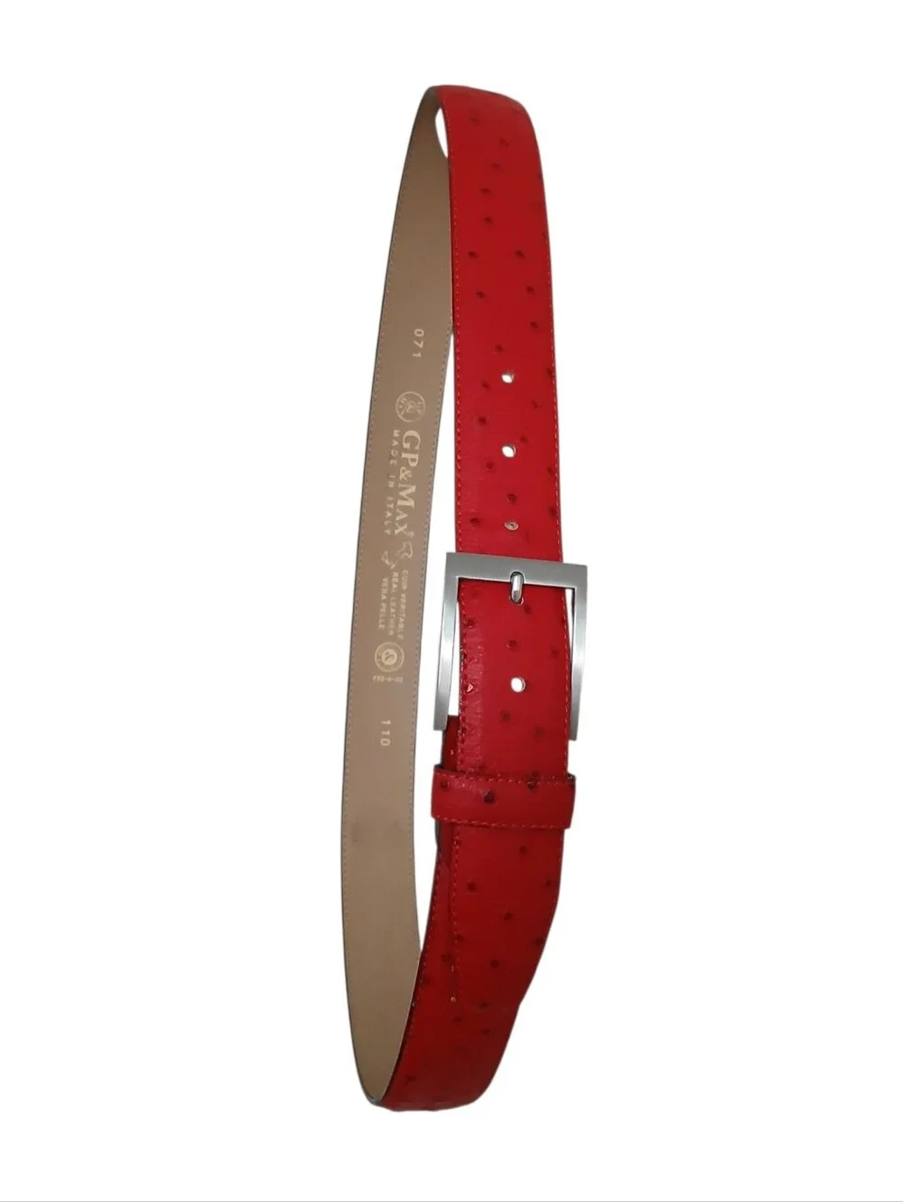 NWOT GP & MAX Unisex 36 Red Full Ostrich Quill Leather Belt Made In Italy Silver